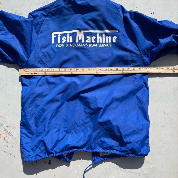 Men's Vintage Fish Machine Windbreaker Blue Logo M Nylon Button Lined USA 80s - Picture 12 of 15